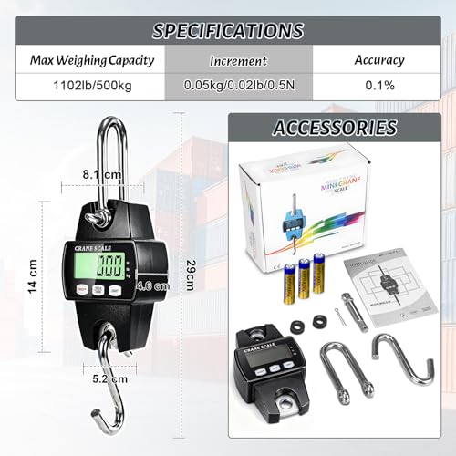 Digital Hanging Scale, 1100lb/500kg Crane Scale, Handheld Digital Hanging Scale, Mini Crane Scale with LCD Display and Hooks, Aluminum Alloy Body for Hunting, Outdoor, Fishing, Farm (Black) - color: Black-1100lb