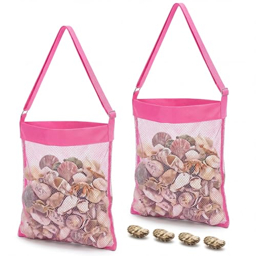 VioraWhite 2 Pcs Extra Large 14 x 16inch Clam Mesh Chum Beach Bags for Seashells Clams Treasures Sand Away Foldable Shell Collection Bags with Adjustable Straps (Pink) - color: Pink