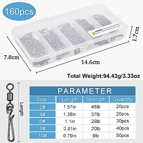 SILANON Fishing Barrel Snap Swivels,Rolling Barrel Swivels with Hanging Snaps Stainless High Strength Fishing Snap Clip Saltwater Freshwater Swivel Snap Fishing Tackle Connector - style: Mixed Kit-160pcs