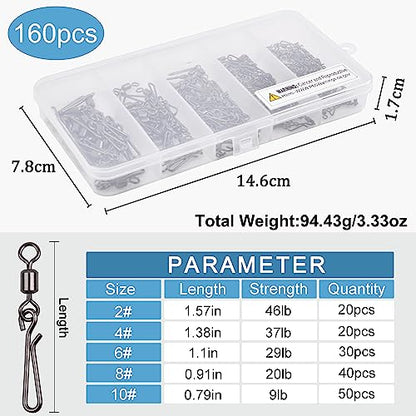 SILANON Fishing Barrel Snap Swivels,Rolling Barrel Swivels with Hanging Snaps Stainless High Strength Fishing Snap Clip Saltwater Freshwater Swivel Snap Fishing Tackle Connector - style: Mixed Kit-160pcs