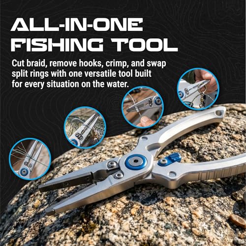 Reaction Tackle Aluminum Fishing Pliers with Tungsten Carbide Cutters, Braid Cutter, Hook Remover and Crimper, Saltwater Corrosion Resistant with Sheath and Lanyard - size: Straight
