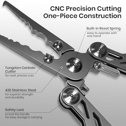 Pristis Foldable Fishing Pliers with Multitools, Saltwater Resistant Titanium Coated Stainless Steel, Portable Full-Sized Forceps with Tungsten Line Cutter, Ring Splitter, Hook Remover and Multi Tool