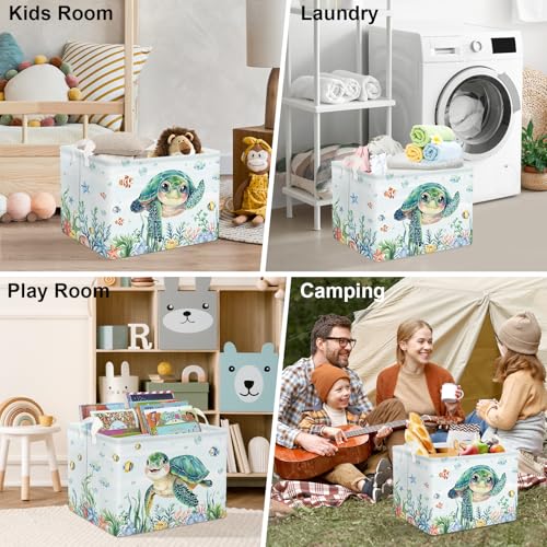 Clastyle Large Fish Sea Turtle Baby Basket Ocean Coral Seaweed Starfish Toy Book Shelf Basket Waterproof Pool Toy Beach Towel Storage Bin Collapsible Dirty Clothes Hamper, Blue, 40 * 30 * 30 cm - size: 40*30*30 cm