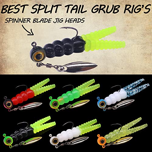 Crappie Jigs and Lures Kit -135 & 40 Piece Set with Plastics, Jig Heads, Split-Tail Grub Baits - Perfect for Crappie Fishing, Panfish Lures - color: Split-Tail Grub 40 pc. KIT Combo 2