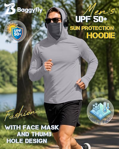Men's UPF 50+ Sun Protection Hoodies Mask Long Sleeve Thumbholes Lightweight Dry Rash Guards Running Fishing Shirts - color: Glacier Gray, size: Medium