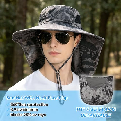 ALANDUO Wide Brim XXL Sun Hats for Men Big Head, UPF 50+ Fishing Sun Hat with Neck Face Flap, Safari Boonie Hat for Men Women - color: Ink Dark Grey