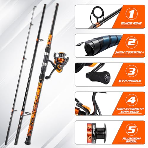 Sougayilang 3 Piece Surf Fishing Rod Combo Medium/Heavy Travel Spinning Rod with 4000/5000 Size Reel Baitfeeder Combo(9'/10'/11'12') - color: orange, size: 10ft-Spinning-3Pc-MH