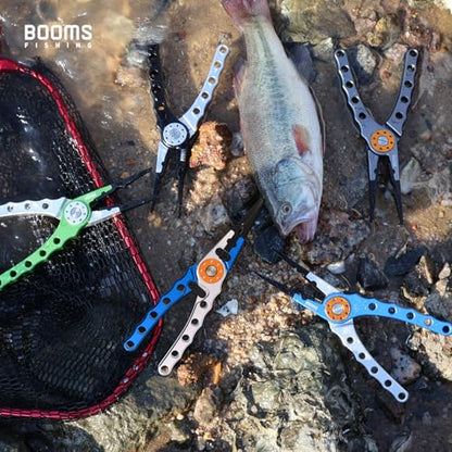 Booms Fishing X1 Aluminum Fishing Pliers Saltwater, Surf Fishing Tackle Kit, Fishing Multitool Hook Remover Braided Fishing Line Cutting and Split Ring with Coiled Lanyard and Sheath - color: Green&silver