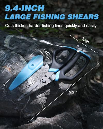 Mossy Oak 9.4" Fishing Shears, Detachable Multifunctional Large Scissors | for Braid, Mono & Fluorocarbon Line & Bait, with Scaler, Hook Remover, Bottle Opener & Sheath
