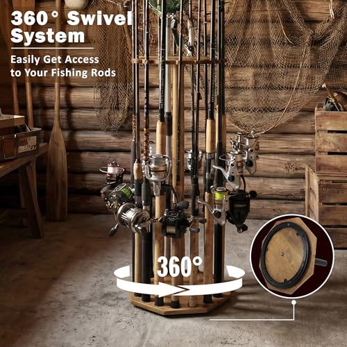 Rush Creek Creations 16-Rod Round Fishing Rod Holder for Garage, 360° Access Fishing Pole Holder for Fishing Rods, Reels, Gear, and Accessories, Securely Holds 16 Rods, Wood Grain - color: Wood Grain