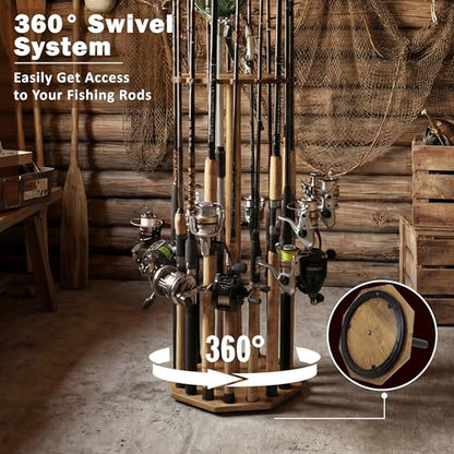 Rush Creek Creations 16-Rod Round Fishing Rod Holder for Garage, 360° Access Fishing Pole Holder for Fishing Rods, Reels, Gear, and Accessories, Securely Holds 16 Rods, Wood Grain - color: Wood Grain