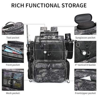 Rabjen Fishing Tackle Backpack with Rod Holders, Bottle Holder, Storage Bag Store Fishing Gear