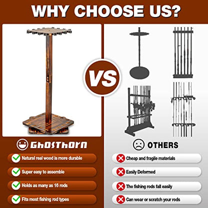 Ghosthorn Fishing Rod Holders for Garage 360 Degree Rotating Fishing Pole Rack, Floor Stand Holds up to 16 Rods Wood Fishing Gear Equipment Storage Organizer, Fishing Gifts for Men Women - style: carbonization
