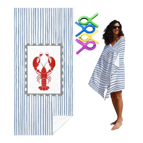 Blue Striped Red Lobster Print Beach Towel with Clips Set - Preppy Summer Coastal Crawfish Large Sand Free Towel 30x60 Inch for Beach Camping Swim Pool Gym Sports & Yoga - color: Btowels04