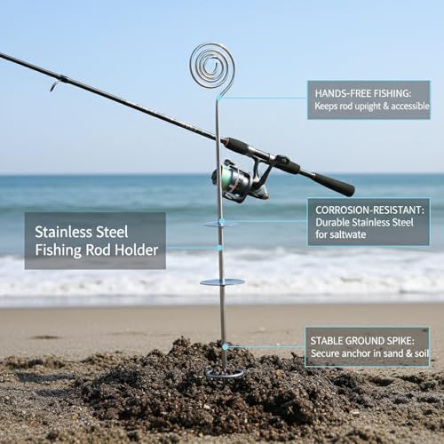 Stainless Steel Fishing Rod Holder with Ground Spike for Sand and Soil, Shoreline Anchor Support (Silver)