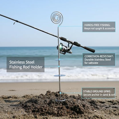 Stainless Steel Fishing Rod Holder with Ground Spike for Sand and Soil, Shoreline Anchor Support (Silver)