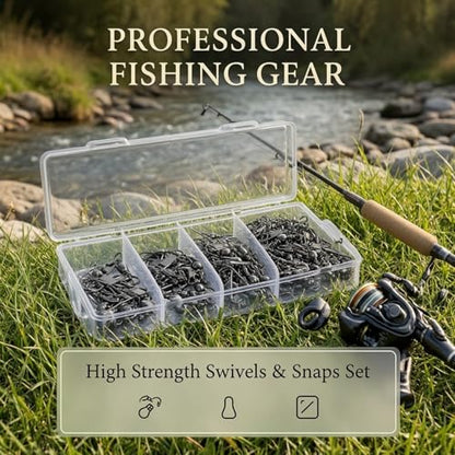 Fishing Swivels Snap Swivels Kit, 100PCS Barrel Swivel with Duo Lock Snaps, Saltwater Freshwater Fishing Connector for Lures, Hooks & Tackle Box