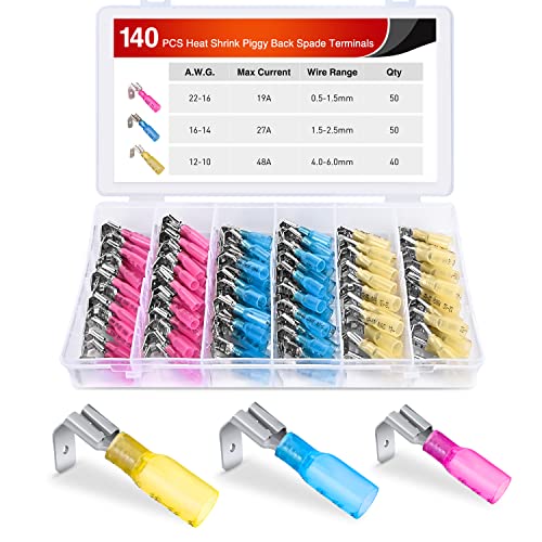 Nilight 140PCS Heat Shrink Piggy Back Spade Terminals Connectors Assortment Kit 22-16/16-14/12-10 AWG Quick Splice Crimp for Auto Cars Trucks Boats and 12V Accessories - color: 140Pcs Piggy Back Terminals