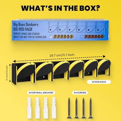 The Big Rod Rack 2 pack Vertical Fishing Rod Holder, Wall Mounted Fishing Rod Rack, Holds Up to 6 Rods or Combos up to 12 (Yellow) - color: Yellow