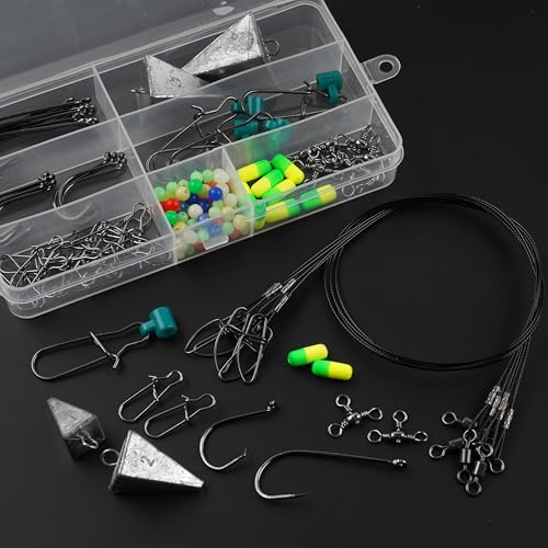 Saltwater Surf Fishing Tackle Kit, 124pcs Saltwater Fishing Gear Fish Finder Rig Pompano Rigs Pyramid Weights Sinker Slider Fishing Hooks Swivels Snaps Various Accessories