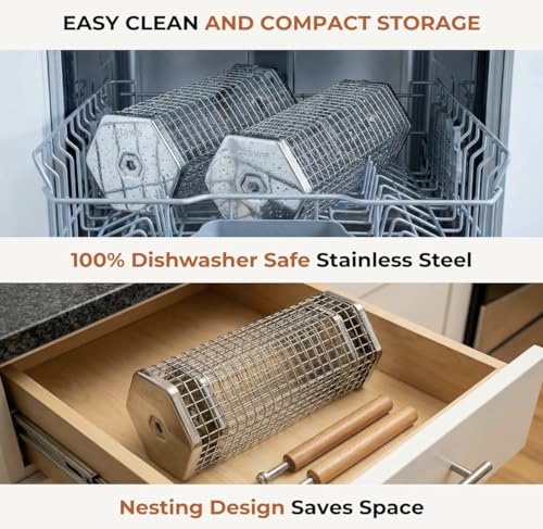 2 Pack Rolling Grill Basket – Stainless Steel Grilling Basket with Lid and Removable Wooden Handle – BBQ Accessories for Vegetables, Shrimp, Meat – Outdoor Cooking Gift for Dad or Husband – Otawe