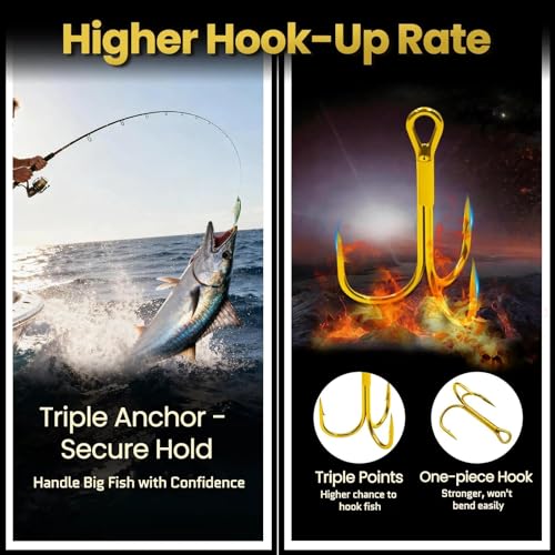 FishTrip 25pcs Fishing Treble Hooks, High Carbon Steel Triple Fishing Hooks with Ultra Barbed Sharp for Saltwater Freshwater Gold, Treble Hook for Bass Trout Fishing Lures Replacement Size 14-4/0 - size: 2#_25pcs