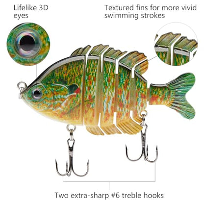 BASSDASH SwimPanfish Multi Jointed Panfish Bluegill Swimbaits Hard Topwater Bass Lures Fishing Lure Crank Saltwater 3.5in/0.85oz - color: Green/Orange Pumpkinseed