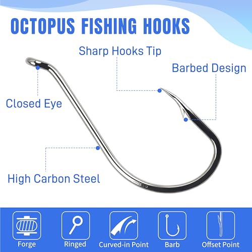 Octopus Fishing Hooks-120pcs Sport Circle Hooks Octopus Beak Offset Fishing Hooks Black High Carbon Steel Fishing Jig Hooks Barbed Fishhook for Saltwater Bass Trout Size8#-9/0 - size: 120pcs-5/0