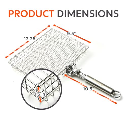 Stainless Steel Large Grill Basket with Easy Open/Close Lid and Removable Handle - 12.25 x 9.5 x 1.5 Inches - Includes Carry/Storage Bag - size: w/o Accessories