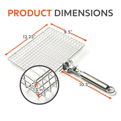 Stainless Steel Large Grill Basket with Easy Open/Close Lid and Removable Handle - 12.25 x 9.5 x 1.5 Inches - Includes Carry/Storage Bag - size: w/o Accessories