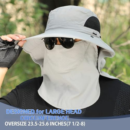 ALANDUO Wide Brim XXL Sun Hats for Men Big Head, UPF 50+ Fishing Sun Hat with Neck Face Flap, Safari Boonie Hat for Men Women - color: Light Grey