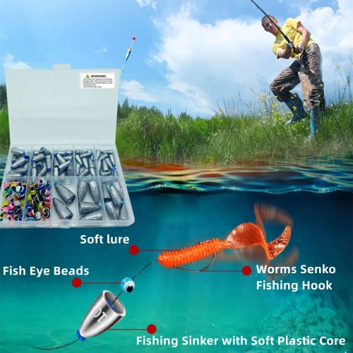 161Pcs/Box Worm Fishing Sinker Weights Kit with Soft Plastic Core（20g,14g,10g,7g,5g,3.5g Mixed, 61Pcs Bullet Lead Fishing Weights, 100 Pcs Eye Beads Bait, Don't Hurt Line Texas Rig