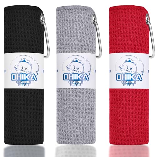 Microfiber Fishing Towels with Clip, Waffle Pattern for Effective Cleaning of Fishing Gears or Dirty Hands, 16” x 16”, Camping Towels, Hiking Towels, Pack of 3 (Black/Grey/Red) - color: Black/Grey/Red
