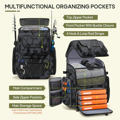 RAINSMORE Fishing Backpack, 45L Large Fishing Bag with 4 Rod Holders & Insulated Cooler Professional Fishing Tackle Backpack with Rain Cover Waterproof Tackle Bag for Men Gift, Black Camouflage - color: Black Camouflage
