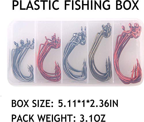 Bass Fishing Hooks Kit, 50pcs 2X Strong Offset Ewg Worm Hooks for Bass Fishing Trout Soft Bait Jig Texas Rig Saltwater Freshwater Size 1/0-5/0