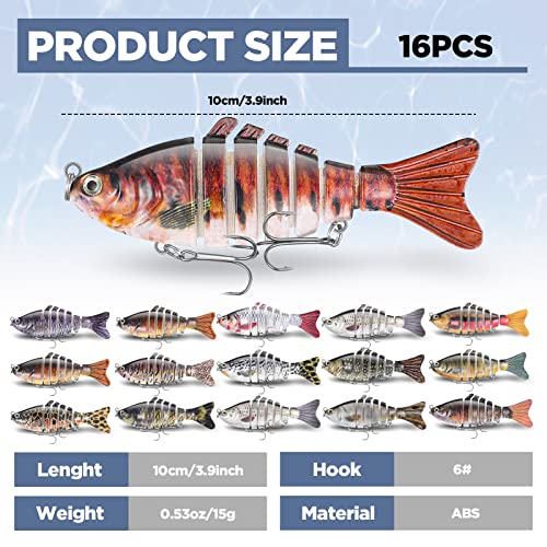 Talltalk 16 Pcs Fishing Lures for Bass Trout Perch Freshwater Trout Perch Freshwater Swimming Fishing Bait Swimbaits for Bass Slow Sinking Lifelike Fish Kit - style: Multi Jointed