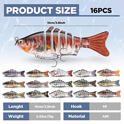 Talltalk 16 Pcs Fishing Lures for Bass Trout Perch Freshwater Trout Perch Freshwater Swimming Fishing Bait Swimbaits for Bass Slow Sinking Lifelike Fish Kit - style: Multi Jointed