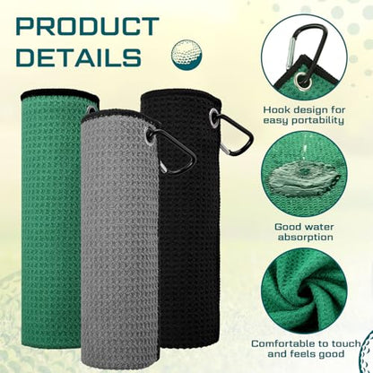 Batiyeer 12 Pcs Golf Towel Bulk for Golf Bags Microfiber Fabric Towel with Clip Waffle Pattern, Fitness, Camping, Hiking, Yoga - color: Black, Grey, Dark Green