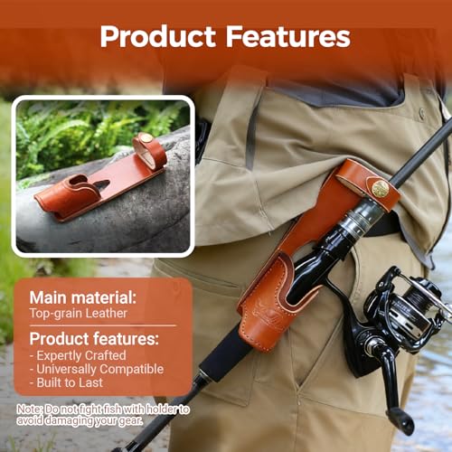 Brown Leather Fishing Rod Holster | Single Slot Belt Mount Carrier for Surf Fishing & Wading | Hands-Free Compatible with Fly Reels and Spinning Reels - color: Light Brown