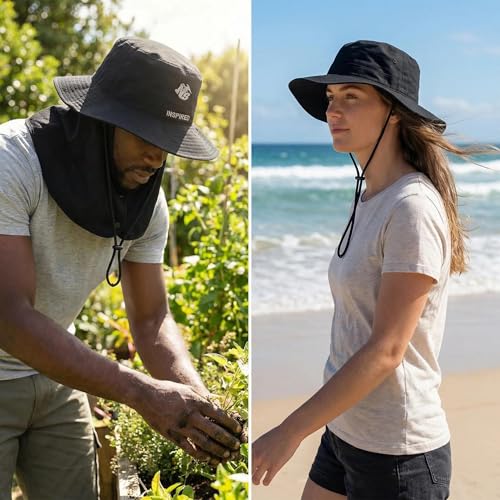 Bucket Hat for Men Women,Waterproof Sun Hat UV Protection with Detachable Face Neck Flap for Outdoors - color: Black+khaki