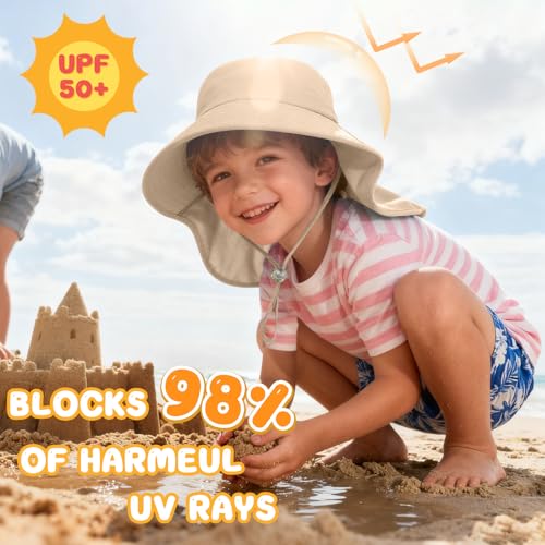 ZOORON Outdoor Kids Sun Hat with Neck Flap UPF 50+ Sun Protection Fishing Hat Wide Brim Summer Kids Beach Hats for Girls Boys - color: 1pack-khaki