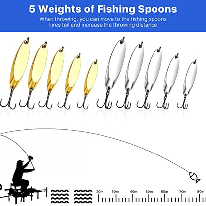 30 Pieces Fishing Spoons, 5 Sizes Treble Hooks Fishing Spoons Lures, Spoon Lures for Huge Distance Cast Saltwater Freshwater Fishing in 3/4 oz 1/2 oz 3/8 oz 1/4 oz 1/5 oz
