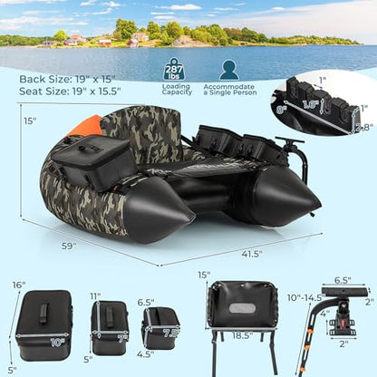 GYMAX Fishing Float Tube, Inflatable Belly Boat with Fish Finder Holder, Rod Rack, Fish Ruler, Manual Pump & Detachable Storage Boxes, Portable Backpack Float Tubes for Adults - color: Camouflage