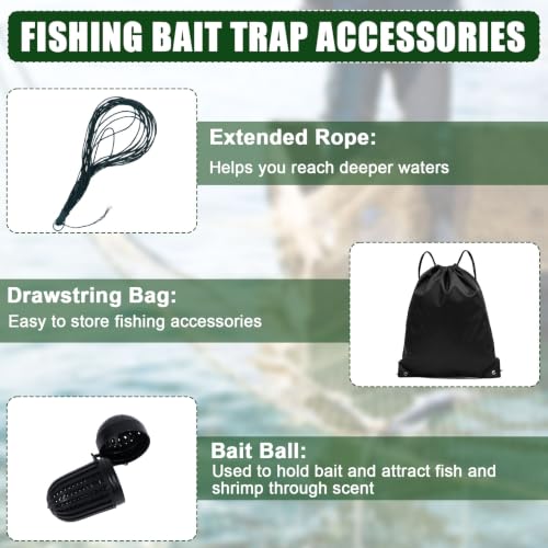 3 Pcs Fish Casting Net Collapsible Minnow Cage with Bait Box Rope Storage Bag, Folding Nylon Fishing Crabbing Equipment and Supplies for Lobster Crawfish Crayfish Crawdad Shrimp
