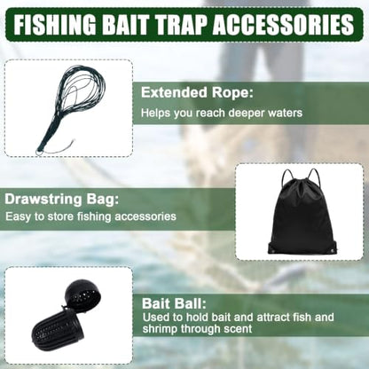3 Pcs Fish Casting Net Collapsible Minnow Cage with Bait Box Rope Storage Bag, Folding Nylon Fishing Crabbing Equipment and Supplies for Lobster Crawfish Crayfish Crawdad Shrimp