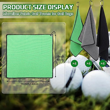 Batiyeer 12 Pcs Golf Towel Bulk for Golf Bags Microfiber Fabric Towel with Clip Waffle Pattern, Fitness, Camping, Hiking, Yoga - color: Black, Gray, Green