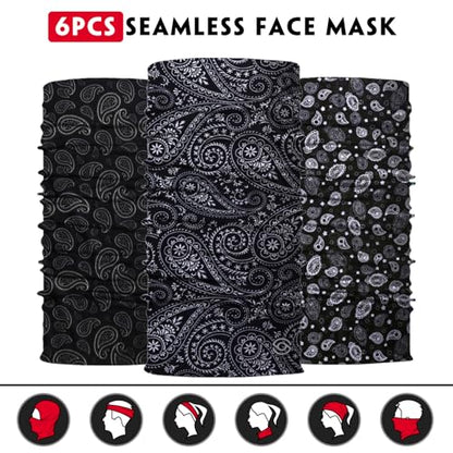 Neck Gaiter for Men Women Headwear Bandana Head Wrap Face Scarf Mask Cover Warmer Balaclava-Seamless & Versatile - color: A-6pcs-black Paisley 2