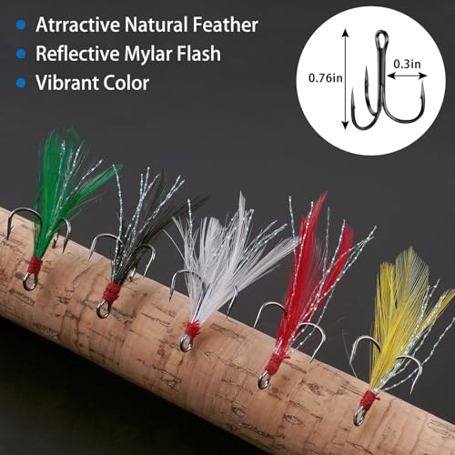 Fishing Treble Hooks Kit 50pcs Feather Dressed High Carbon Steel Triple Barbed Hooks Strong Sharp Round Bend for Catfish Trout Hard Baits Lures Freshwater Saltwater Fishing