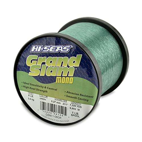 HI-SEAS Grand Slam Monofilament Fishing Line - Strong & Abrasion Resistant in Clear, Pink, Green, Smoke Blue, Fluorescent Yellow Freshwater & Saltwater - 1 lb Spool - color: Green, style: 8 Lb Test, 0.27 Mm Dia, 7320 Yd