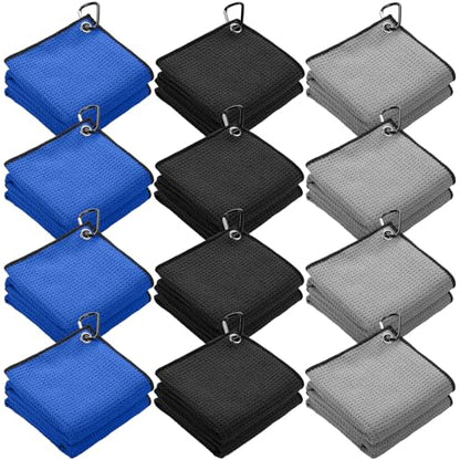 Batiyeer 12 Pcs Golf Towel Bulk for Golf Bags Microfiber Fabric Towel with Clip Waffle Pattern, Fitness, Camping, Hiking, Yoga - color: Black, Gray, Blue